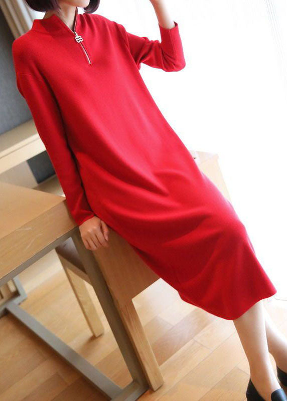 Red Stand Collar Zip Up Knit Maxi Dresses Spring