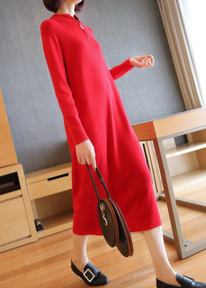 Red Stand Collar Zip Up Knit Maxi Dresses Spring