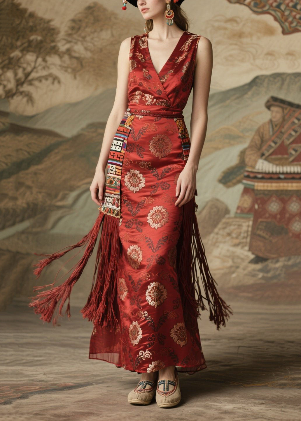 Red Tasseled Print Silk Long Dress Sleeveless