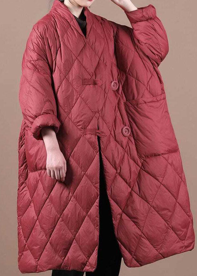 Red V Neck Button Fine Cotton Filled Winter Parka
