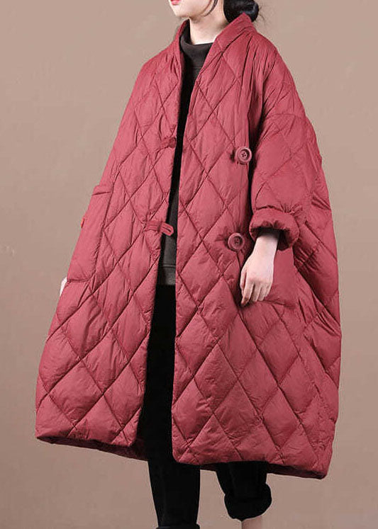 Red V Neck Button Fine Cotton Filled Winter Parka