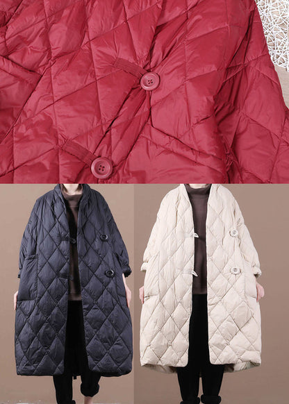 Red V Neck Button Fine Cotton Filled Winter Parka