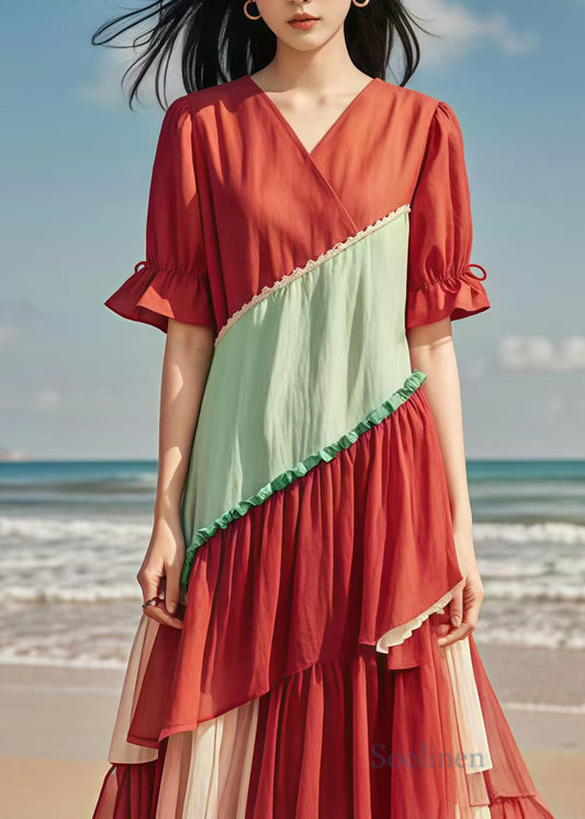 Red V Neck Patchwork Tulle Cotton Long Dress Summer