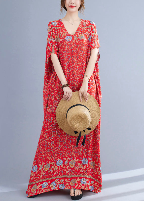 Red V Neck Print Cotton Holiday Long Dress Summer