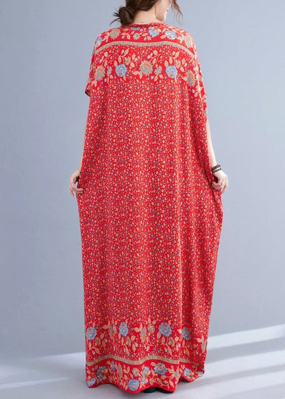 Red V Neck Print Cotton Holiday Long Dress Summer