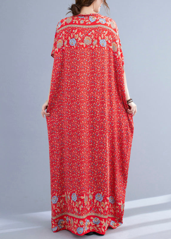 Red V Neck Print Cotton Holiday Long Dress Summer