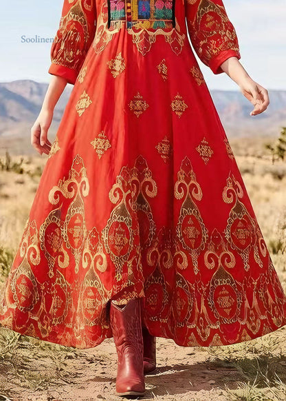 Red V Neck Print Exra Large Hem Cotton Dress Lantern Sleeve