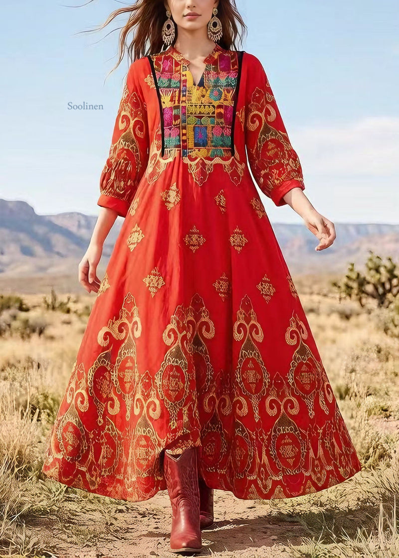 Red V Neck Print Exra Large Hem Cotton Dress Lantern Sleeve