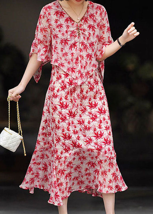 Red V Neck Print Patchwork Chiffon Dress Summer