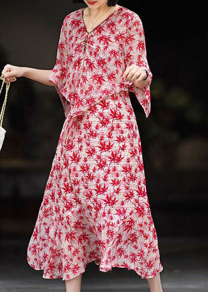 Red V Neck Print Patchwork Chiffon Dress Summer