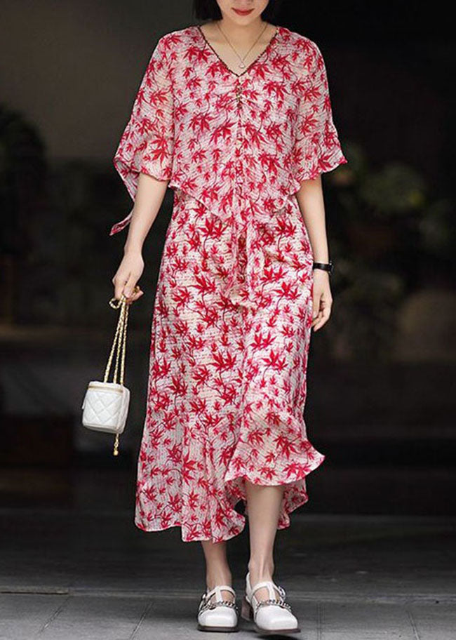 Red V Neck Print Patchwork Chiffon Dress Summer