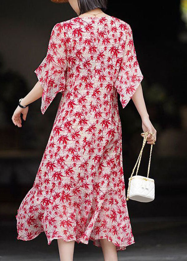 Red V Neck Print Patchwork Chiffon Dress Summer