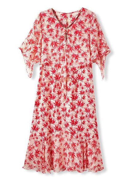 Red V Neck Print Patchwork Chiffon Dress Summer