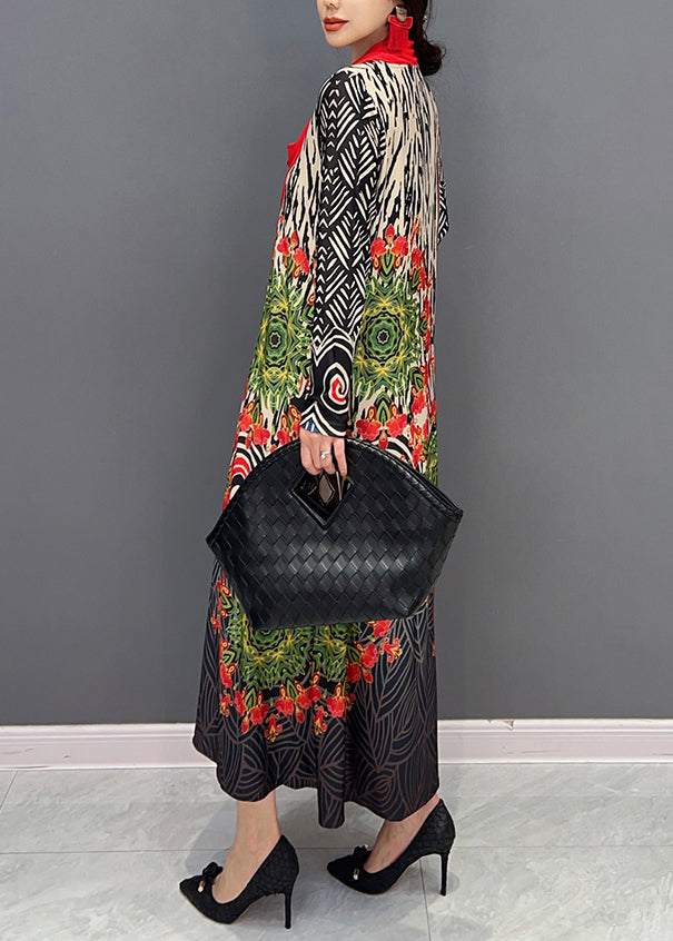 Red V Neck Print Patchwork Cotton Long Dresses Fall