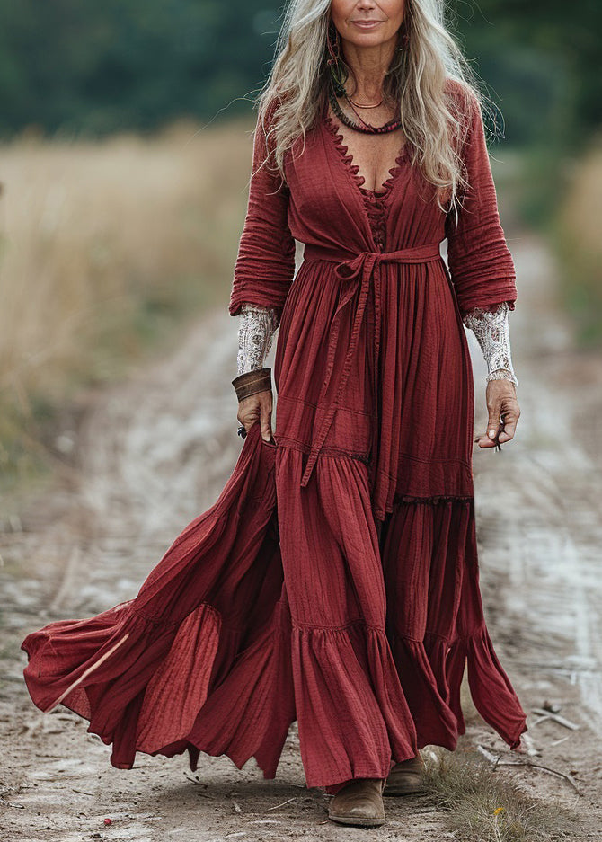 Red V Neck Wrinkled Patchwork Cotton Dresses Spring