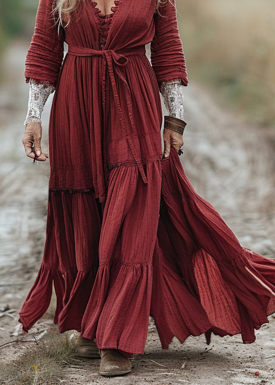 Red V Neck Wrinkled Patchwork Cotton Dresses Spring