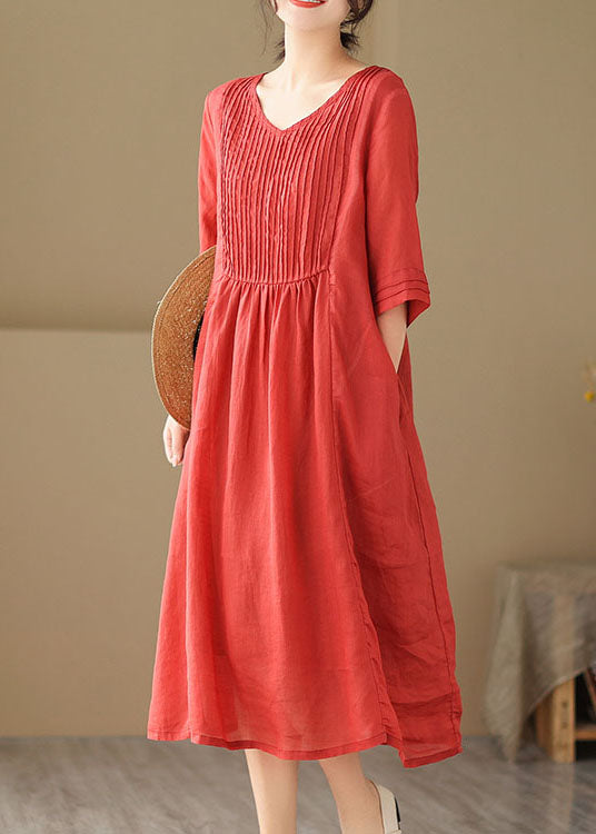 Red V Neck Wrinkled Patchwork Linen Dress Summer