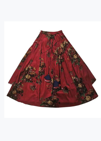Red Wrinkled Asymmetrical Print Corduroy Skirts Spring