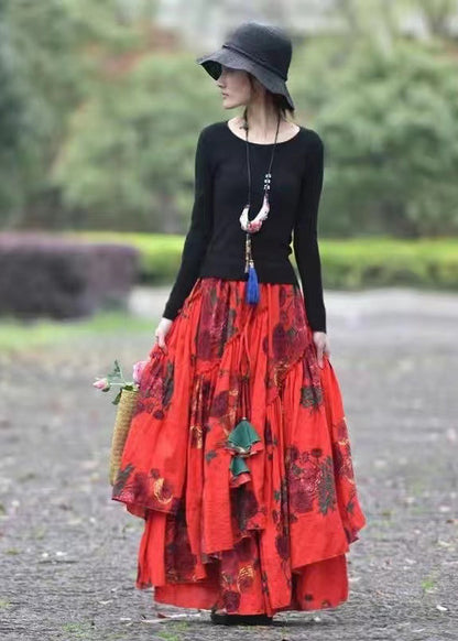 Red Wrinkled Asymmetrical Print Lace Up Cotton Maxi Skirt Spring