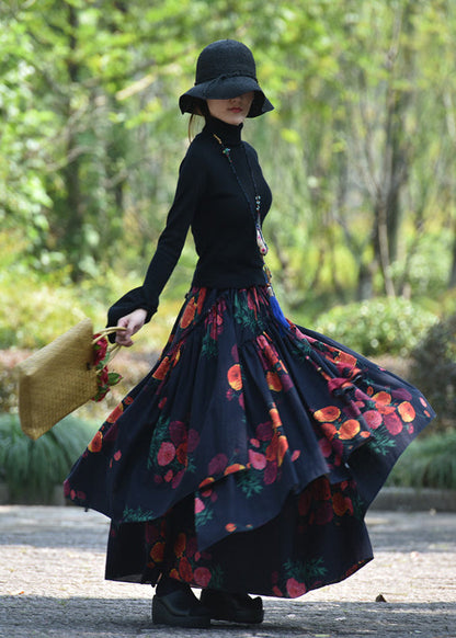 Red Wrinkled Asymmetrical Print Lace Up Cotton Maxi Skirt Spring