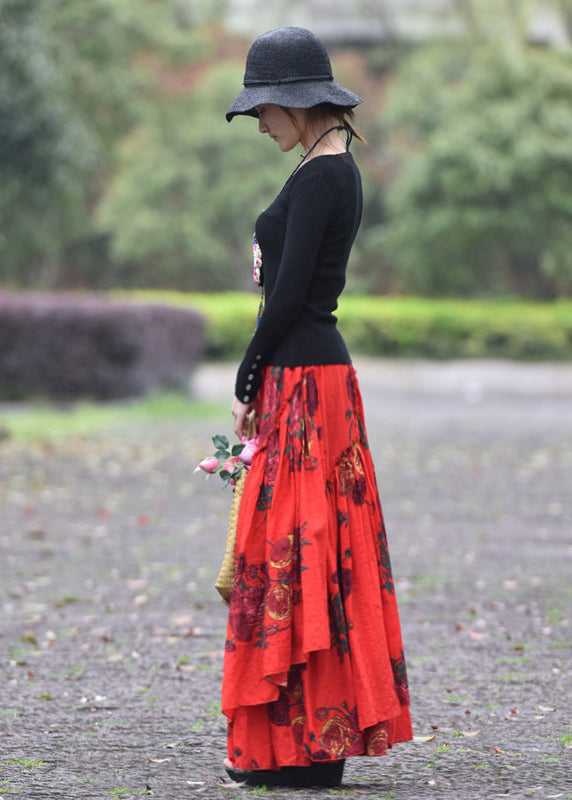 Red Wrinkled Asymmetrical Print Lace Up Cotton Maxi Skirt Spring