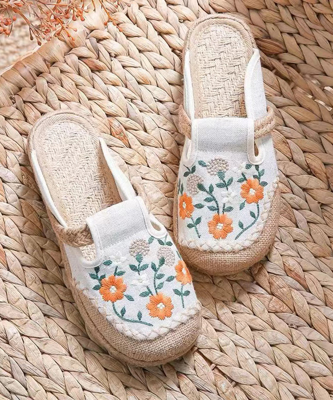 Retro Black Linen Fabric Embroidery Slide Sandals