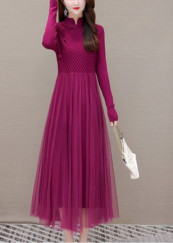 Rose Chinese Button Patchwork Silm Fit Knit Dress Spring