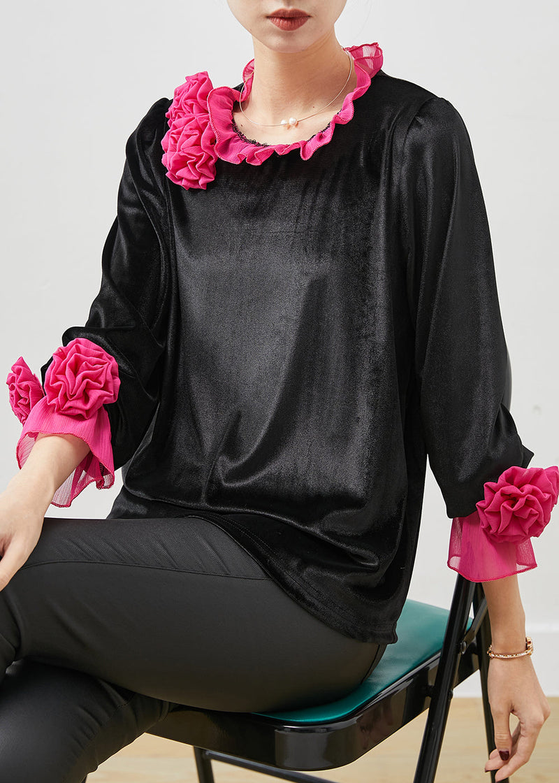 Rose Ruffled Silk Velour Shirt Spring