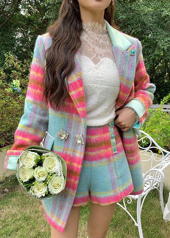 Rose Notched Plaid Button Woolen Coats and Skirts Two Pieces Set Spring