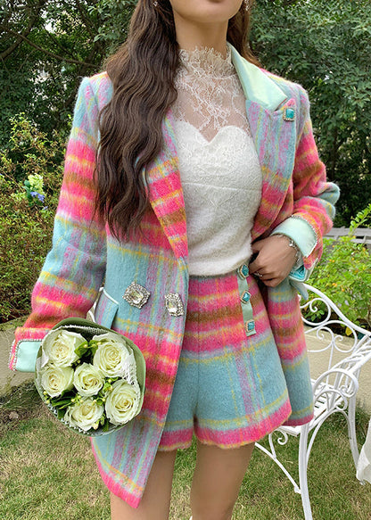 Rose Notched Plaid Button Woolen Coats and Skirts Two Pieces Set Spring