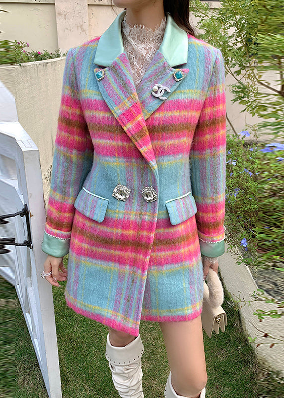 Rose Notched Plaid Button Woolen Coats and Skirts Two Pieces Set Spring