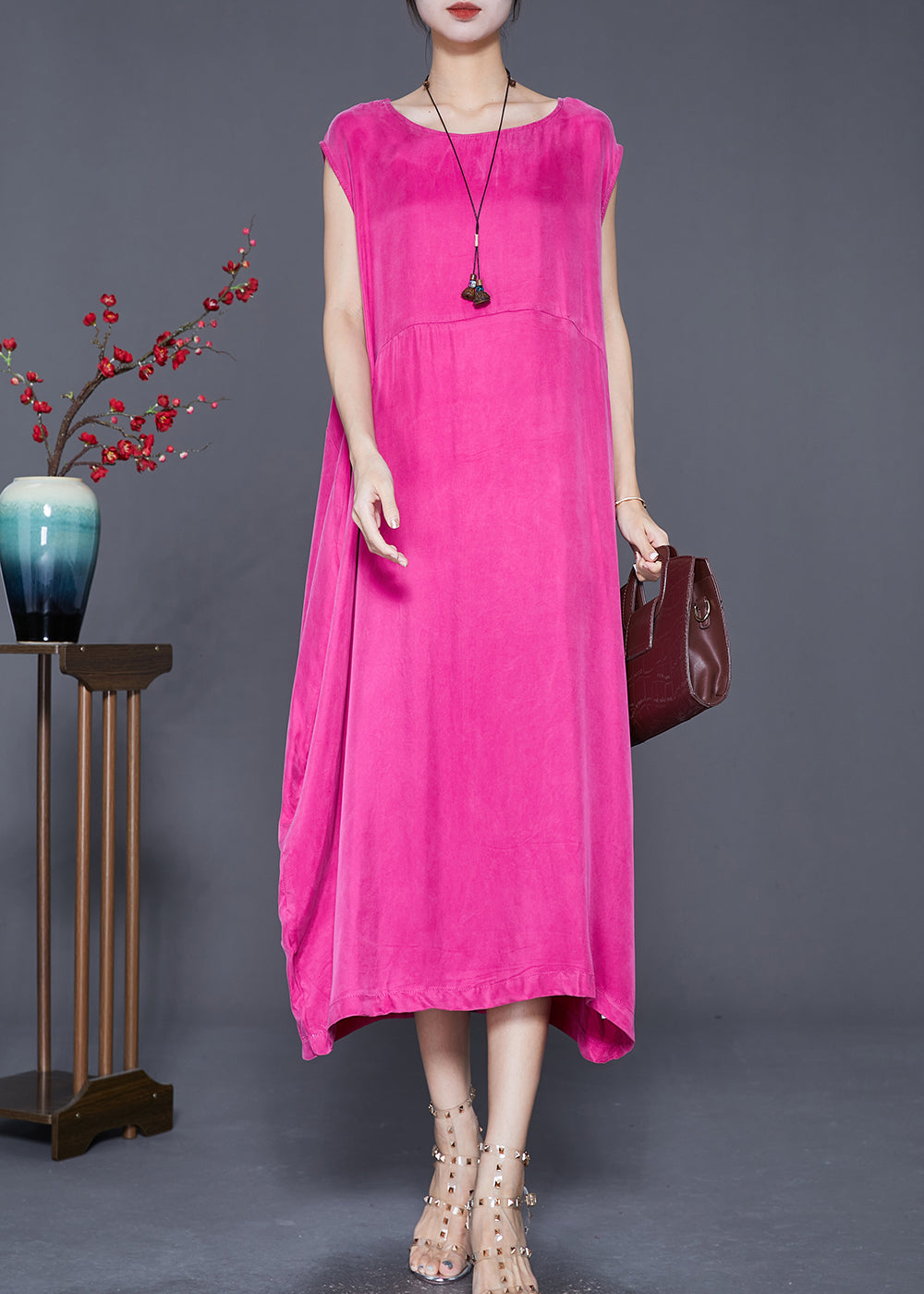 Rose O-neck Draping Silk Beach Dress Summer