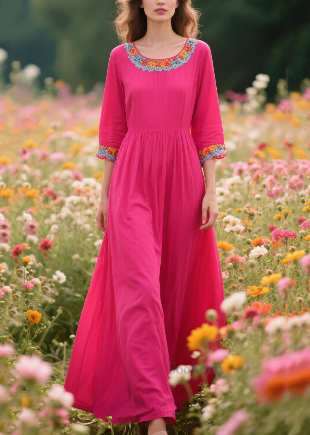 Rose O-neck Patchwork Lace Cotton Dresses Half Sleeve