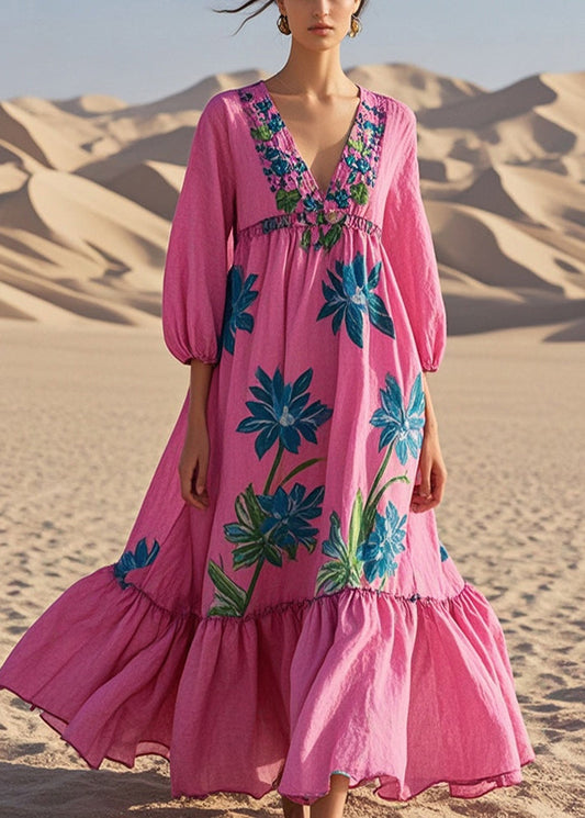 Rose Oversized Print Cotton Maxi Dresses Bracelet Sleeve