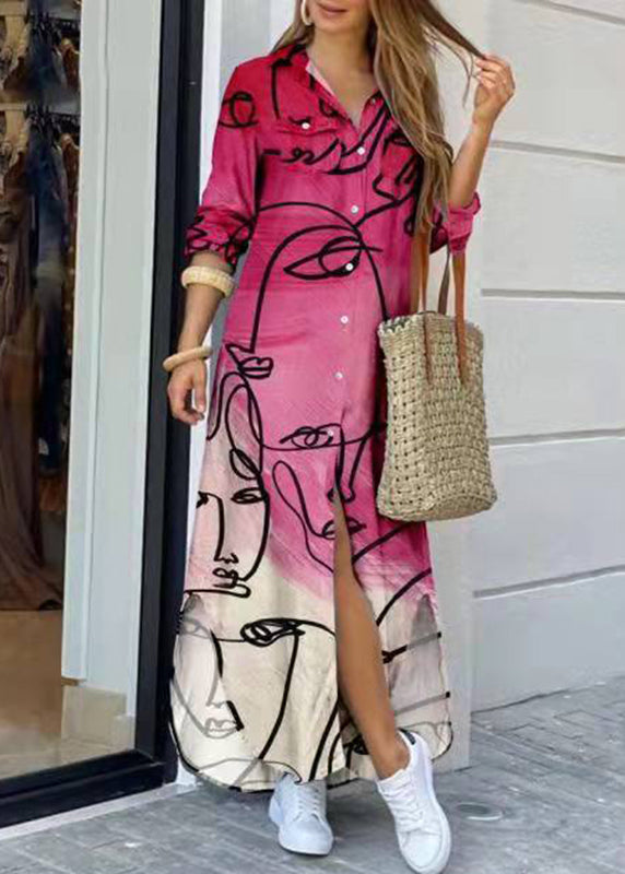 Rose Peter Pan Collar Print Party Maxi Shirts Dress Long Sleeve