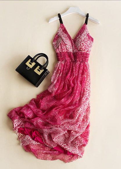 Rose Print Wrinkled Patchwork Silk Spaghetti Strap Dress Sleeveless