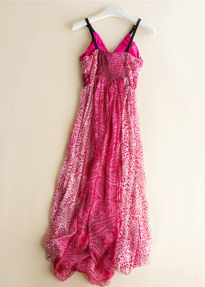 Rose Print Wrinkled Patchwork Silk Spaghetti Strap Dress Sleeveless