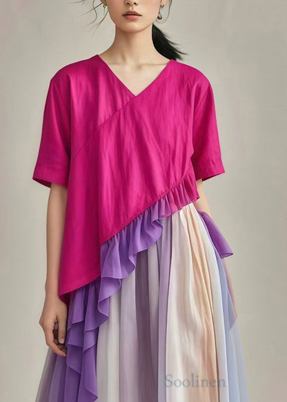 Rose Ruffled Patchwork Asymmetrical Design Cotton Dress Summer