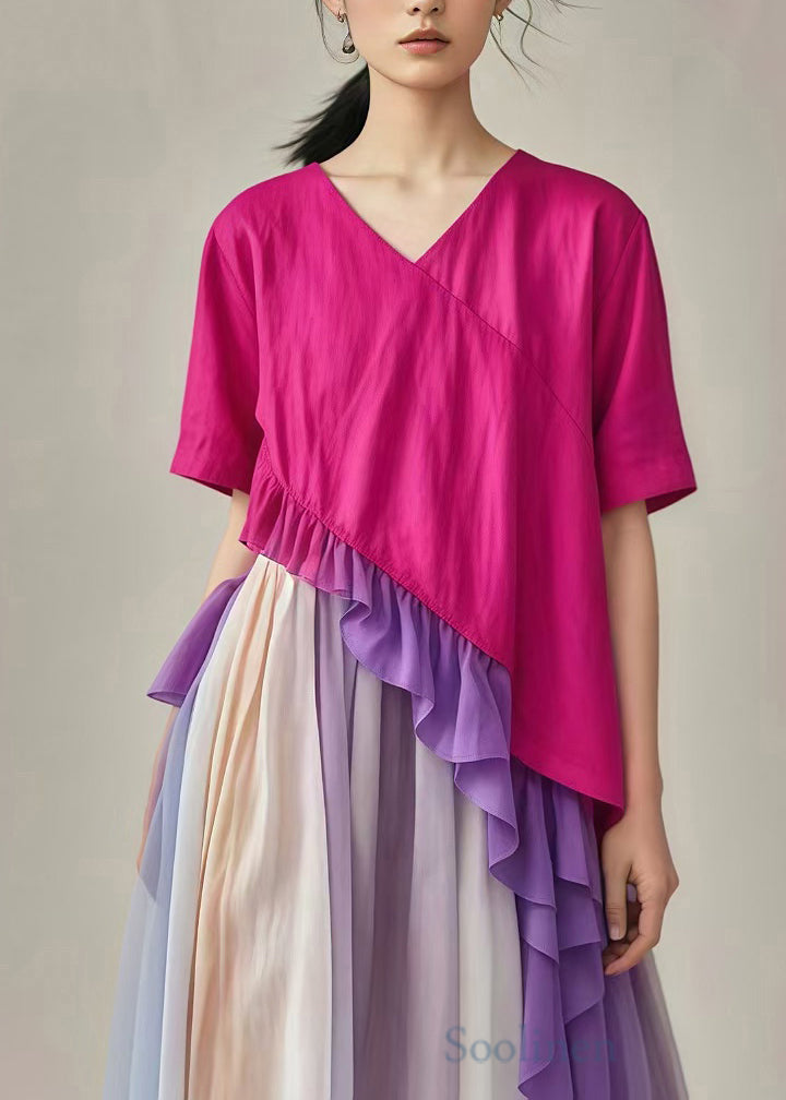 Rose Ruffled Patchwork Asymmetrical Design Cotton Dress Summer