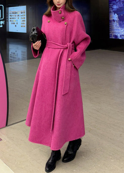 Rose Stand Collar Tie Waist Woolen Trench Coats Winter