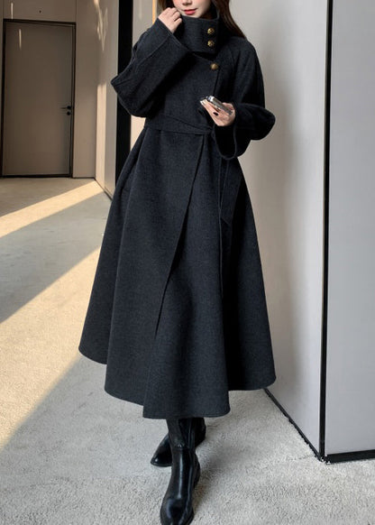 Rose Stand Collar Tie Waist Woolen Trench Coats Winter