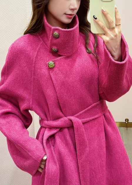 Rose Stand Collar Tie Waist Woolen Trench Coats Winter