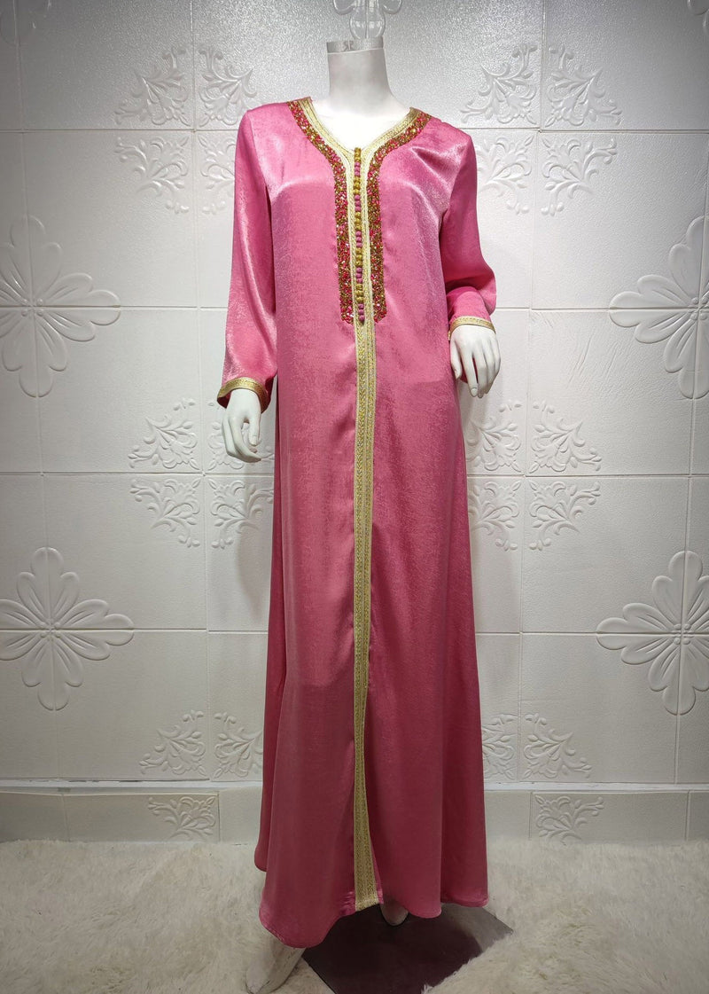 Rose V Neck Lace Patchwork Zircon Velour Maxi Dress Long Sleeve
