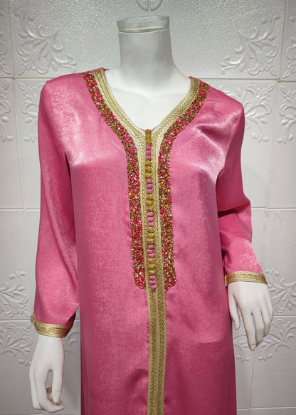 Rose V Neck Lace Patchwork Zircon Velour Maxi Dress Long Sleeve