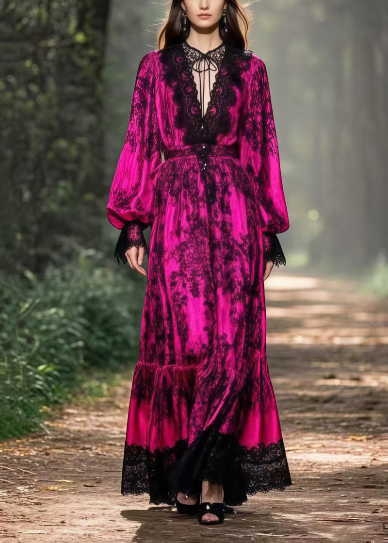 Rose V Neck Patchwork Lace Maxi Dress Lantern Sleeve