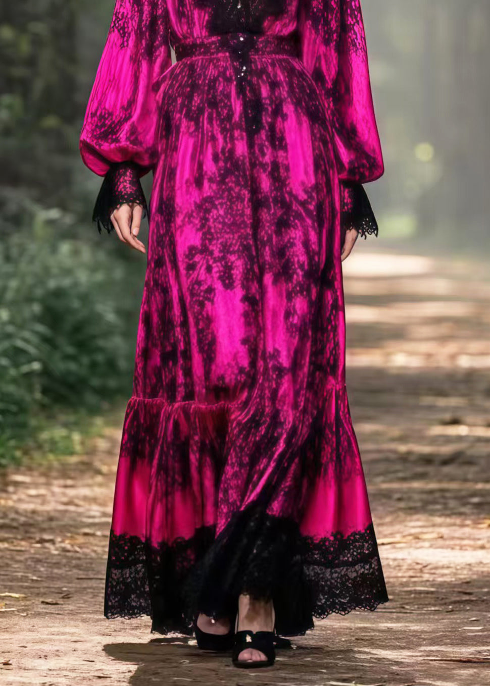 Rose V Neck Patchwork Lace Maxi Dress Lantern Sleeve