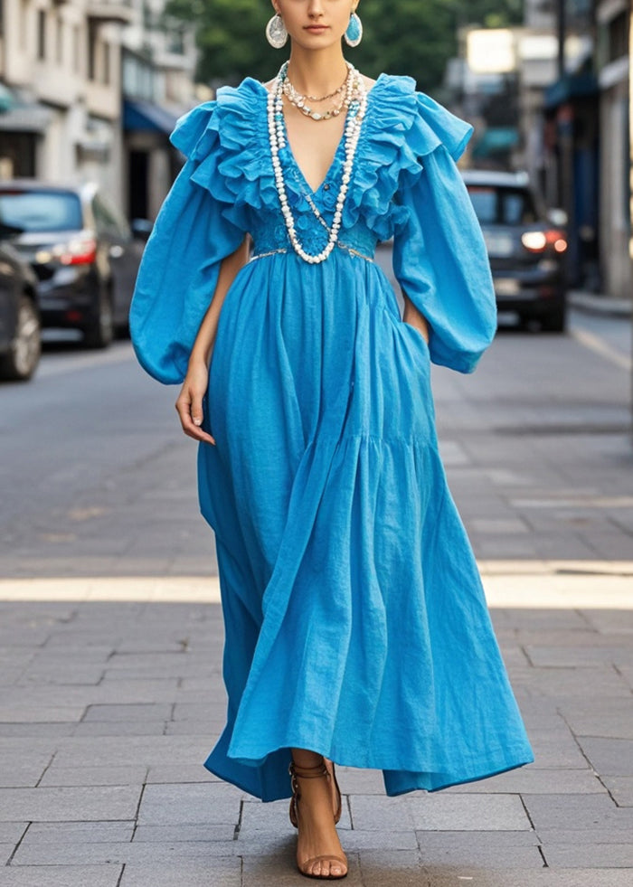 Royal Blue Ruffled Cotton Robe Dresses Spring