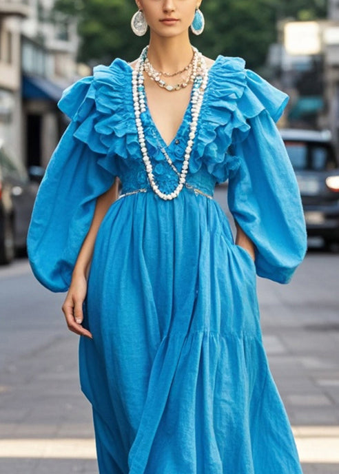 Royal Blue Ruffled Cotton Robe Dresses Spring