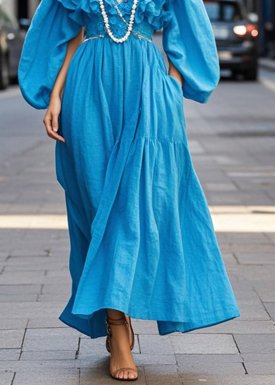Royal Blue Ruffled Cotton Robe Dresses Spring