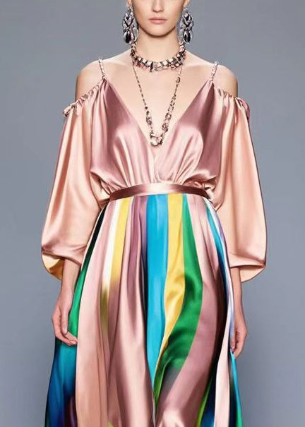 Rubber Red Cold Shoulder Patchwork Silk Ankle Dress Spring